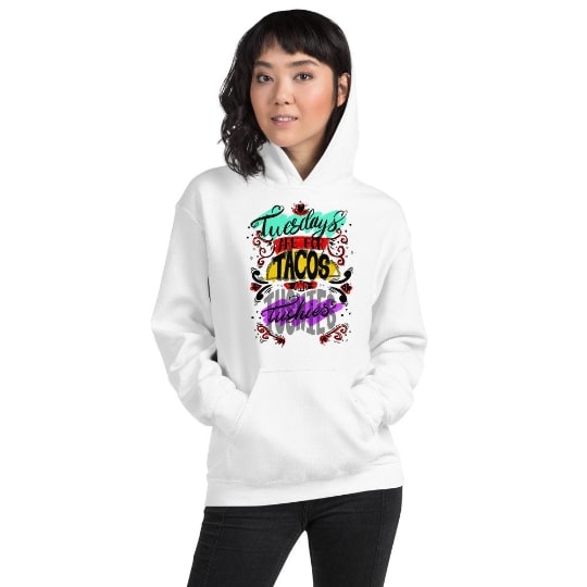 Someplace Images merch, Tacos & Tushies color print hoodie
